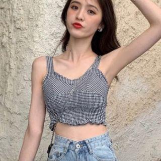 Ruffle Trim Plaid Cropped Tank Top As Show In Figure - One Size