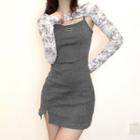 Set: Long-sleeve Printed Crop Top + Spaghetti Strap Lettering Mini Sheath Dress