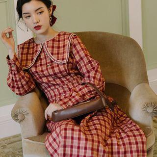 Long-sleeve Collared Plaid Midi A-line Dress