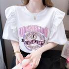 Elbow-sleeve Ruffled Lettering T-shirt