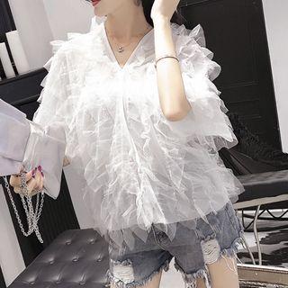 Short-sleeve Tiered Mesh Top White - One Size
