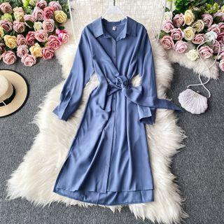 Plain Tie Waist Long-sleeve Dress