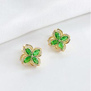 Rhinestone Leaf Clip-on Earring 1 Pair - Clip On Earring - Green - One Size