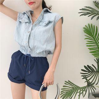 Color-block Short-sleeve Denim Playsuit