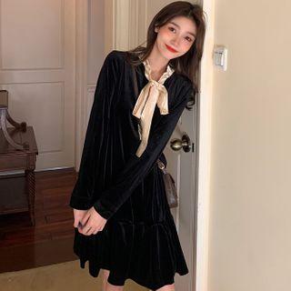 Long-sleeve Tie-neck Mini A-line Dress Black - One Size
