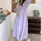 Puff-sleeve Plain A-line Midi Dress Light Purple - One Size