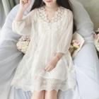 3/4-sleeve Floral Trim Mini Lace Dress White - One Size