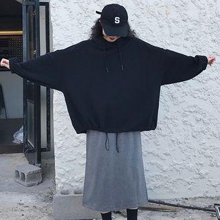 Long-sleeve Drawstring Plain Hooded Sweatshirt / Side Slit Plain Skirt