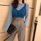 Plain Long-sleeve T-shirt / Cropped Knit Vest