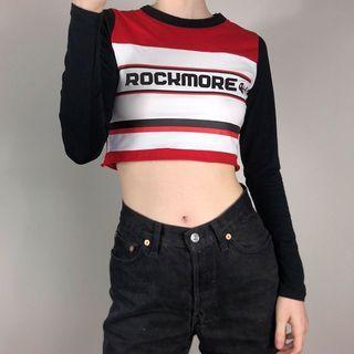 Long Sleeve Lettering Print Striped Crop Top