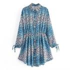 Long-sleeve Leopard Print Satin Mini Shirt Dress
