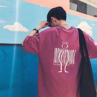 Elbow-sleeve Barcode Print T-shirt