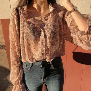 Floral Print Bell-sleeve Blouse As Shown In Figure - One Size
