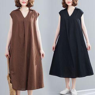 Plain Polo-sleeve Off-shoulder Sleeve Dress