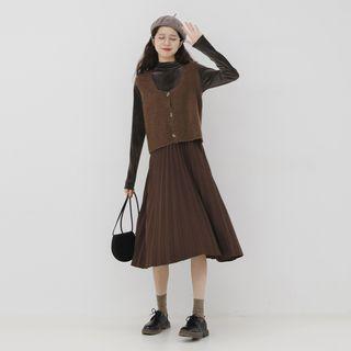 Long-sleeve Corduroy Top / Knit Vest / Midi Accordion-pleat Skirt