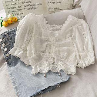 Eyelet Drawstring Crop Blouse White - One Size