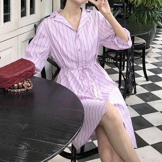 Long-sleeve Striped Midi Dress Pink - One Size