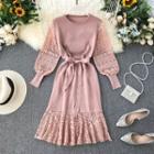 Balloon-sleeve Lace Panel Midi Knit Dress