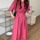 Elbow-sleeve Tie-waist Midi A-line Dress Rose Pink - One Size