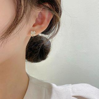 Sterling Silver Rhinestone Asymmetrical Clover Earring 1 Pair - S925 Silver Needle - Studded Earring & Threader Earring - Silver Rhinestone - Gold - One Size