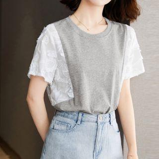 Short-sleeve Floral Embroidered Panel T-shirt