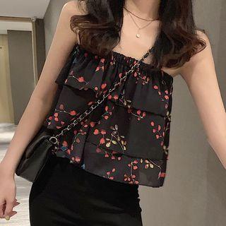 Floral Print Ruffle Strapless Blouse / Slit Boot-cut Pants