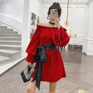 Off-shoulder Long-sleeve Dress With Faux Leather Sash Belt