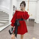 Off-shoulder Long-sleeve Dress With Faux Leather Sash Belt
