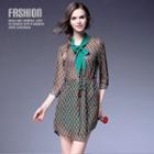 3/4-sleeve Tie-neck Printed Dress