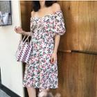 Cherry Print Off-shoulder A-line Dress White - One Size
