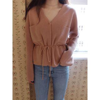 V-neck Drawstring-waist Wool Blend Cardigan