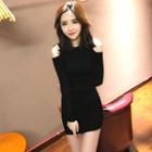 Long-sleeve Cold-shoulder Mini Sheath Knit Dress Black - One Size
