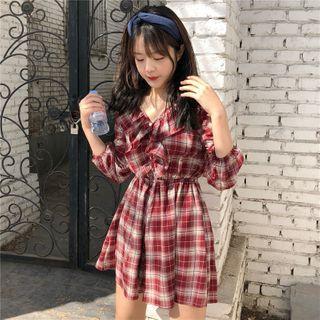 3/4-sleeve Mini A-line Plaid Dress