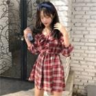 3/4-sleeve Mini A-line Plaid Dress