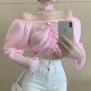 Cold-shoulder Rhinestone Bow Blouse