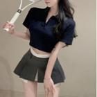 Short-sleeve Cropped Polo Shirt / Pleated Mini A-line Skirt