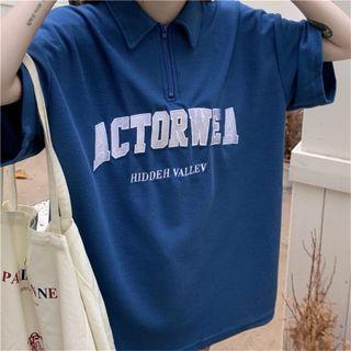 Short-sleeve Letter Embroidered Half-zip Polo Shirt