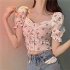 Puff-sleeve Floral Print Drawstring Blouse Floral - White - One Size