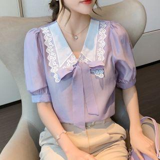 Lace Trim Collar Puff-sleeve Blouse