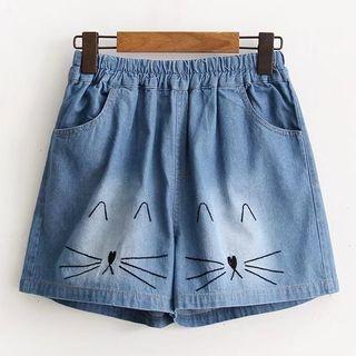 Embroidered Cat Wide-leg Denim Shorts