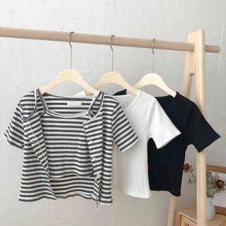 Set: Short-sleeve Button-up Knit Top + Camisole Top