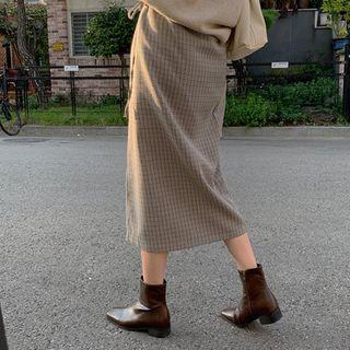 Tie-waist Slit-front Checked Skirt
