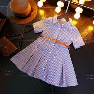 Gathered-waist Short-sleeve Striped Sheath Dress
