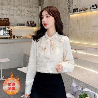 Tie-neck Fringed Lace Long-sleeve Blouse