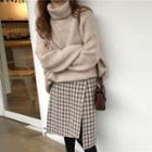 Turtleneck Slit Chunky Sweater / Plaid Asymmetrical A-line Skirt