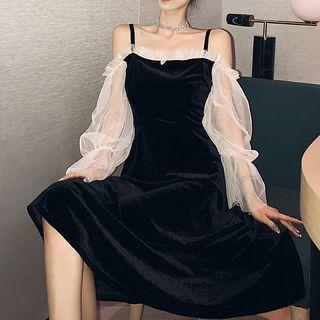 Long-sleeve Cold Shoulder Mesh Paneled A-line Midi Dress