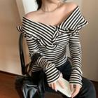 Cold Shoulder Striped Long-sleeve T-shirt Stripes - Black & White - One Size