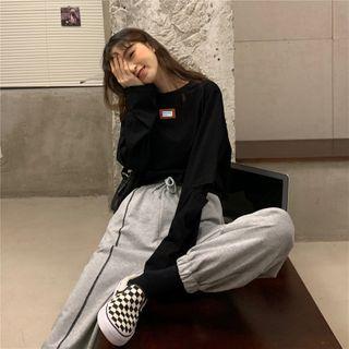 Long-sleeve Cutout Lettering Print T-shirt / Drawstring Sweatpants