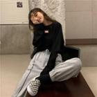 Long-sleeve Cutout Lettering Print T-shirt / Drawstring Sweatpants