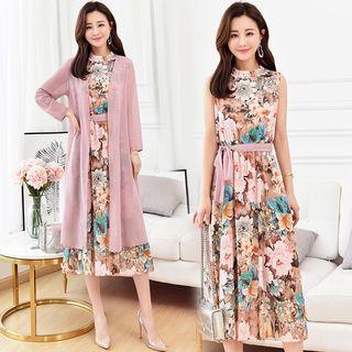 Set: Print Sleeveless Midi Dress + Long Chiffon Jacket